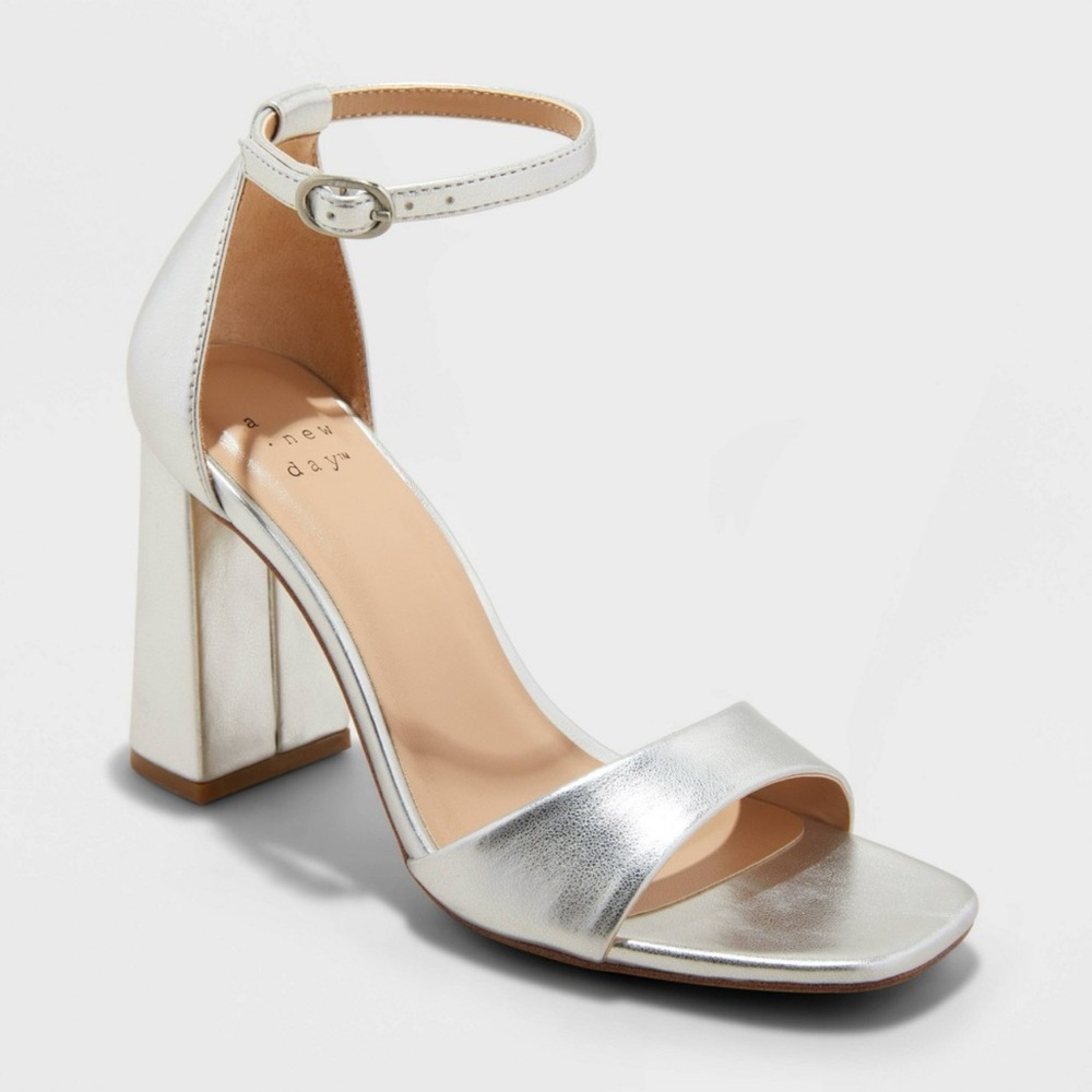 A New Day Shelly Metallic Silver Ankle Strap Heels